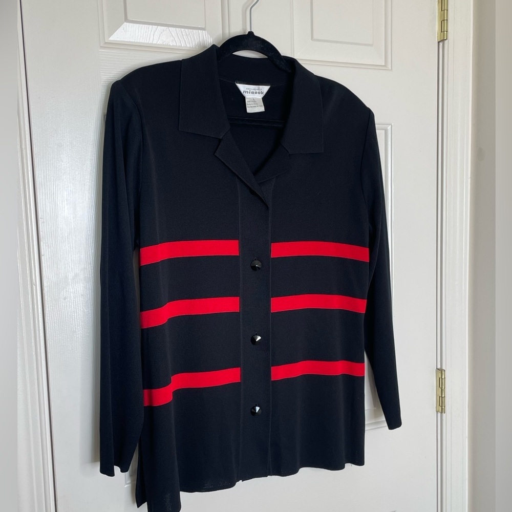 Misook Black Red Stripe Button Front Knit Cardigan Jacket | L